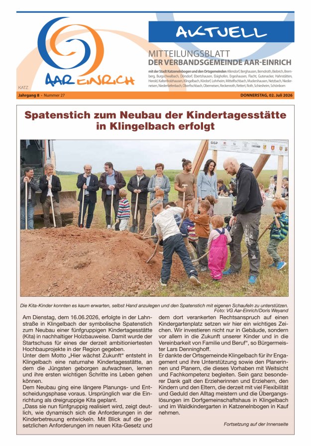 Mitteilungsblatt der Verbandsgemeinde Aar-Einrich Ausgabe Katzenelnbogen Titelblatt 26/2026