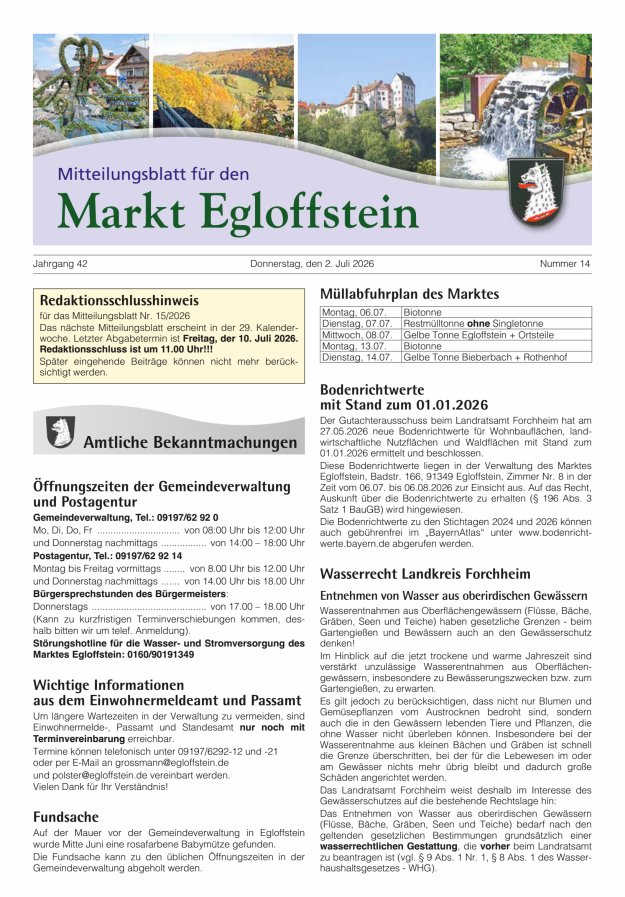 Mitteilungsblatt für den Markt Egloffstein Titelblatt 14/2026