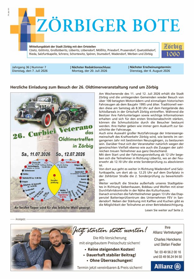 Zörbiger Bote – Mitteilungsblatt der Stadt Zörbig mit den Ortsteilen Titelblatt 07/2026