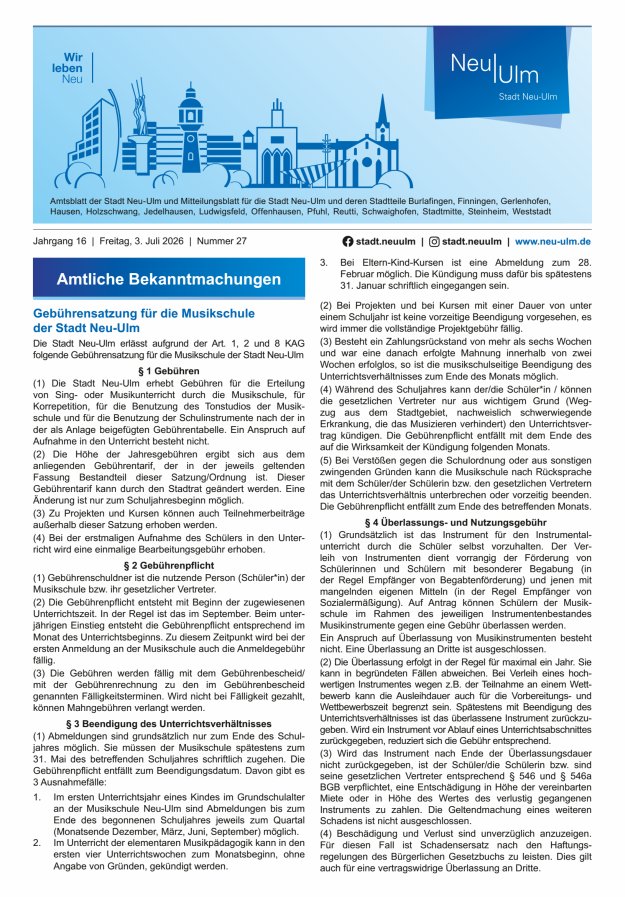 Amtsblatt der Stadt Neu-Ulm und Mitteilungsblatt für die Stadt Neu-Ulm Titelblatt 27/2026