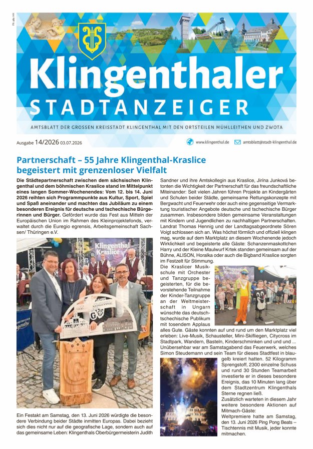 Klingenthaler Stadtanzeiger  Titelblatt 14/2026