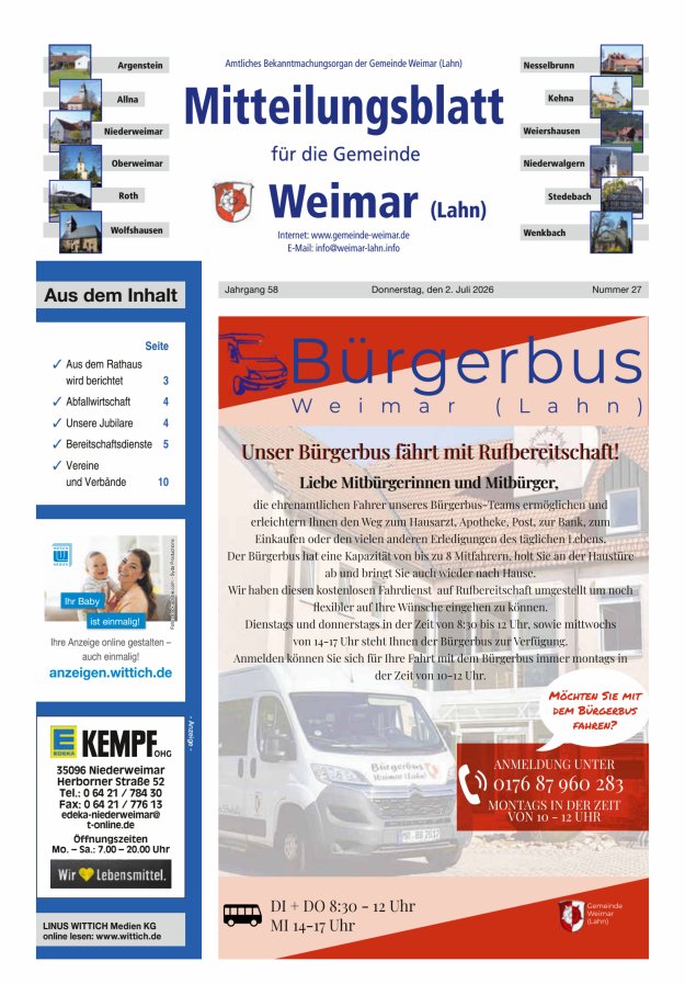 Mitteilungsblatt für die Gemeinde Weimar Titelblatt 27/2026