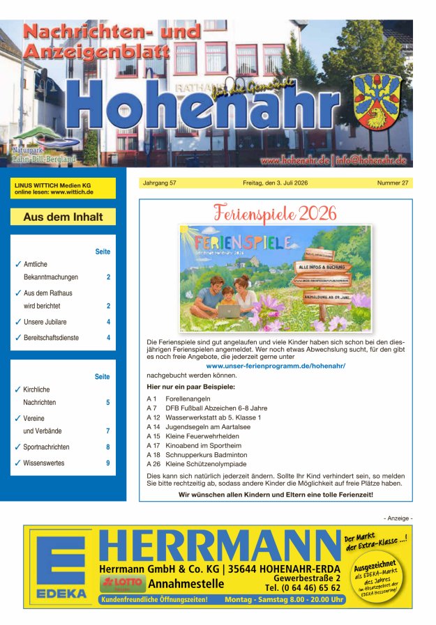Nachrichten- und Anzeigenblatt für die Gemeinde Hohenahr Titelblatt 27/2026