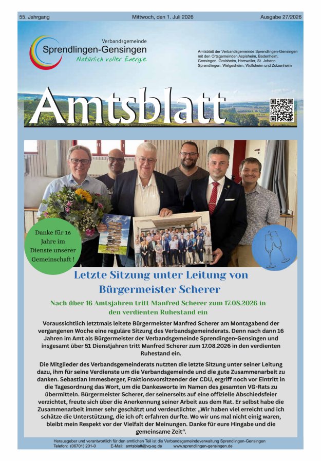 Amtsblatt VG Sprendlingen-Gensingen Titelblatt 27/2026