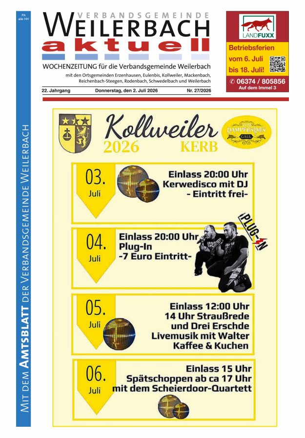 Verbandsgemeinde Weilerbach aktuell Titelblatt 27/2026