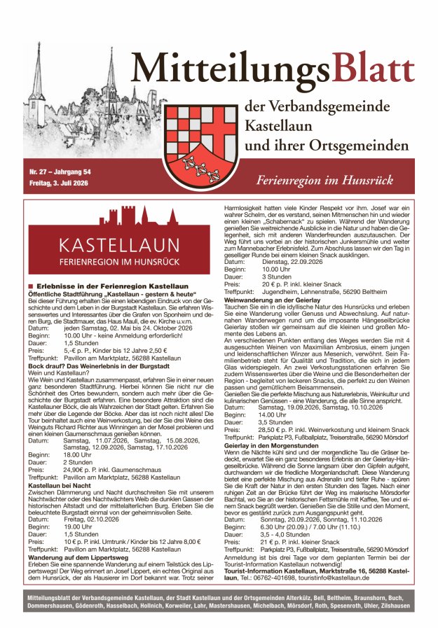 Mitteilungsblatt Kastellaun Titelblatt 27/2026
