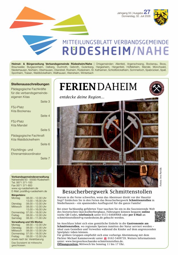 Mitteilungsblatt Verbandsgemeinde Rüdesheim und zugehörige Ortsgemeinden Titelblatt 27/2026