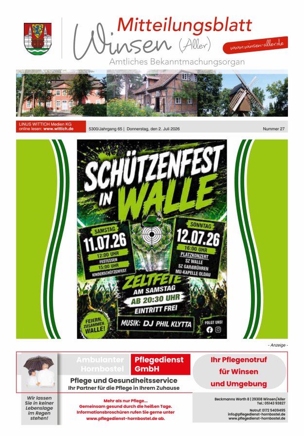 Mitteilungsblatt der Gemeinde Winsen Titelblatt 27/2026