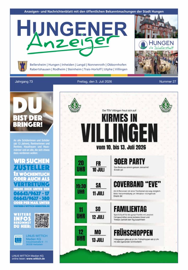 Anzeigen- und Nachrichtenblatt mit den öff  Bekanntmachungen der Stadt Hungen Titelblatt 27/2026