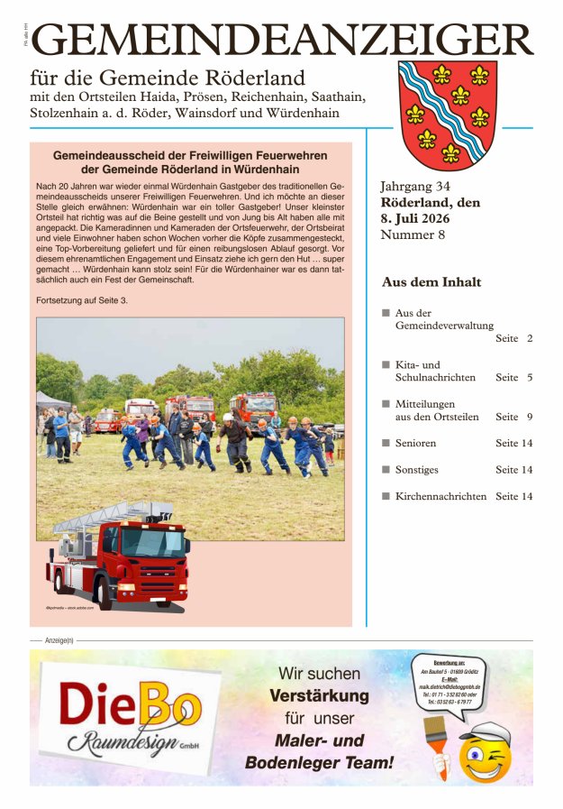 Gemeindeanzeiger - Amtsblatt für die Gemeinde Röderland Titelblatt 08/2026