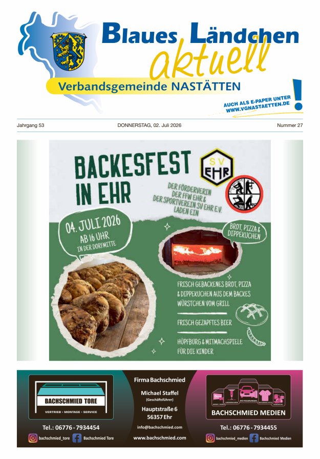 Blaues Ländchen aktuell - Heimat- u Bürgerzeitung VG Nastätten Titelblatt 27/2026