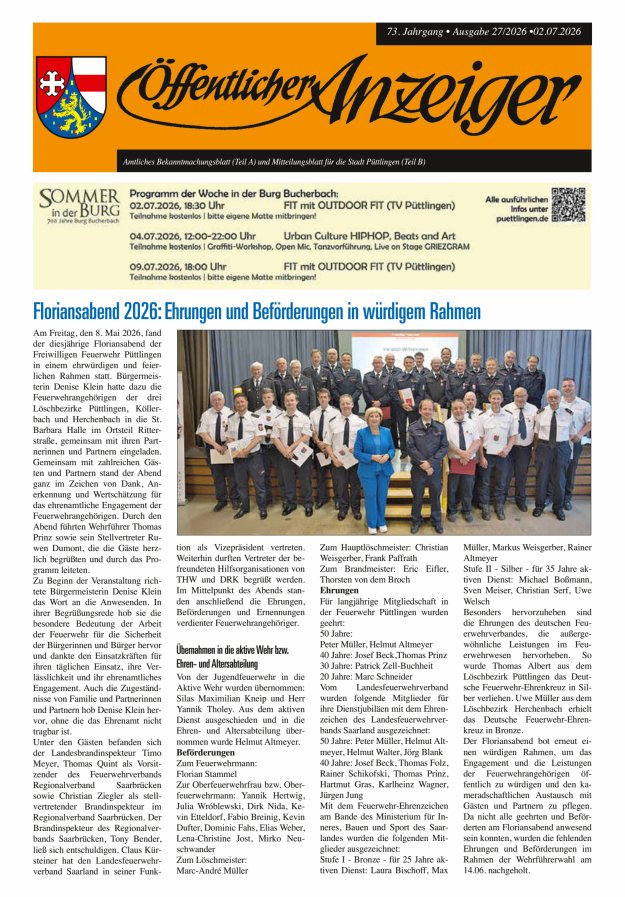 Öffentlicher Anzeiger - Stadt Püttlingen Titelblatt 27/2026