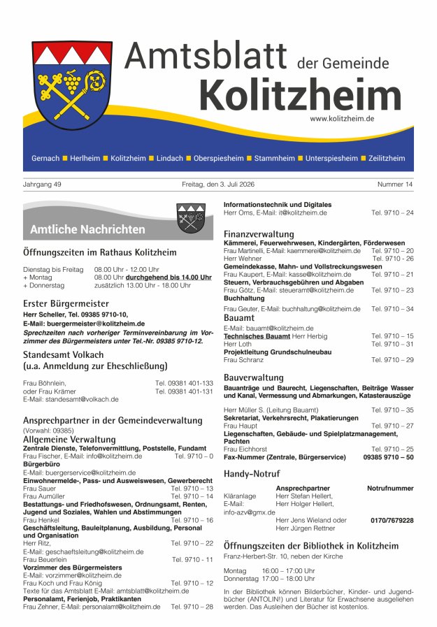 Amtsblatt der Gemeinde Kolitzheim Titelblatt 14/2026