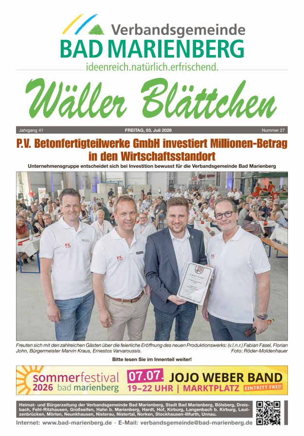 Wäller Blättchen - Verbandsgemeinde Bad Marienberg Titelblatt 27/2026