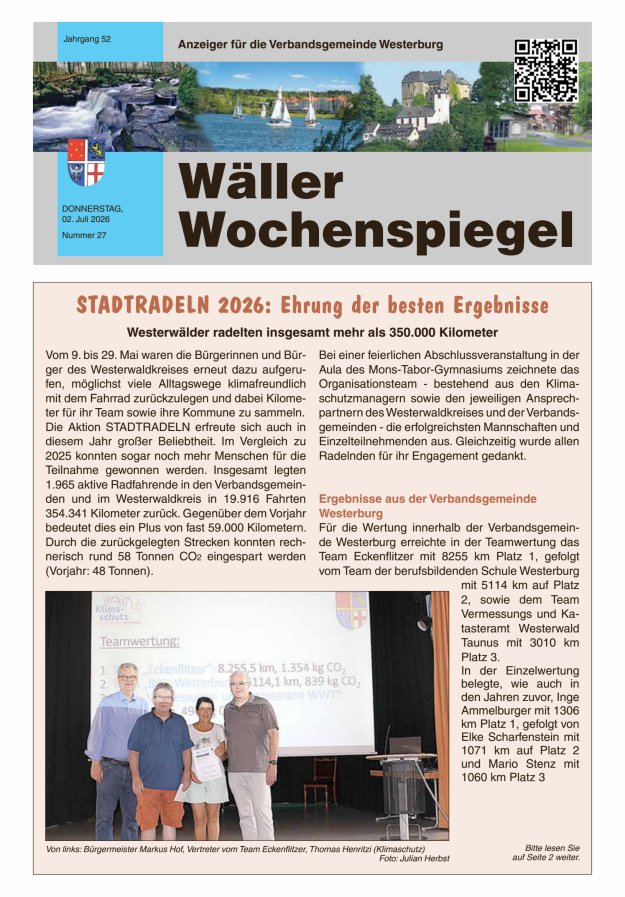 Wäller Wochenspiegel - Anzeiger für die Verbandsgemeinde Westerburg Titelblatt 27/2026