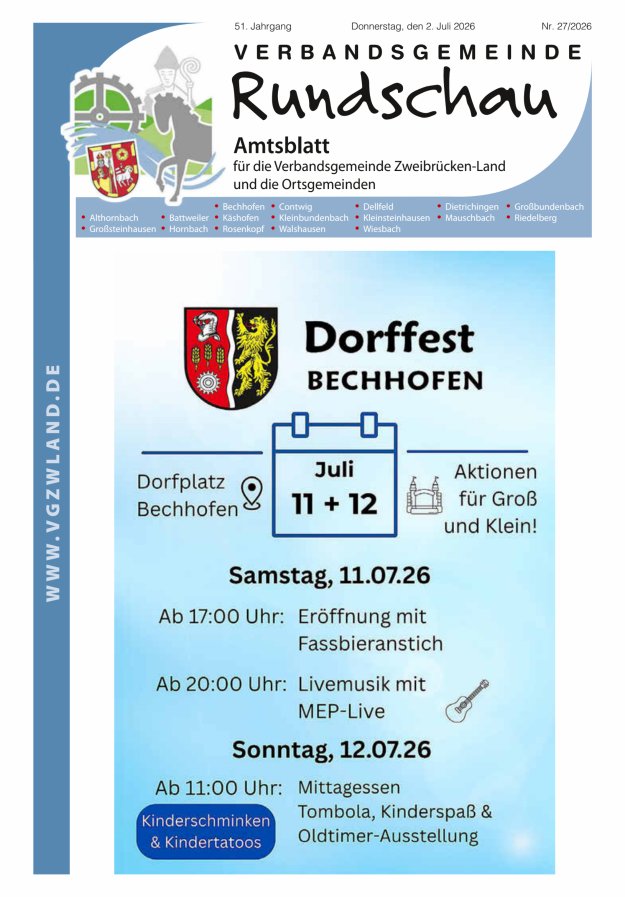 Verbandsgemeinde Rundschau Zweibrücken-Land Titelblatt 27/2026