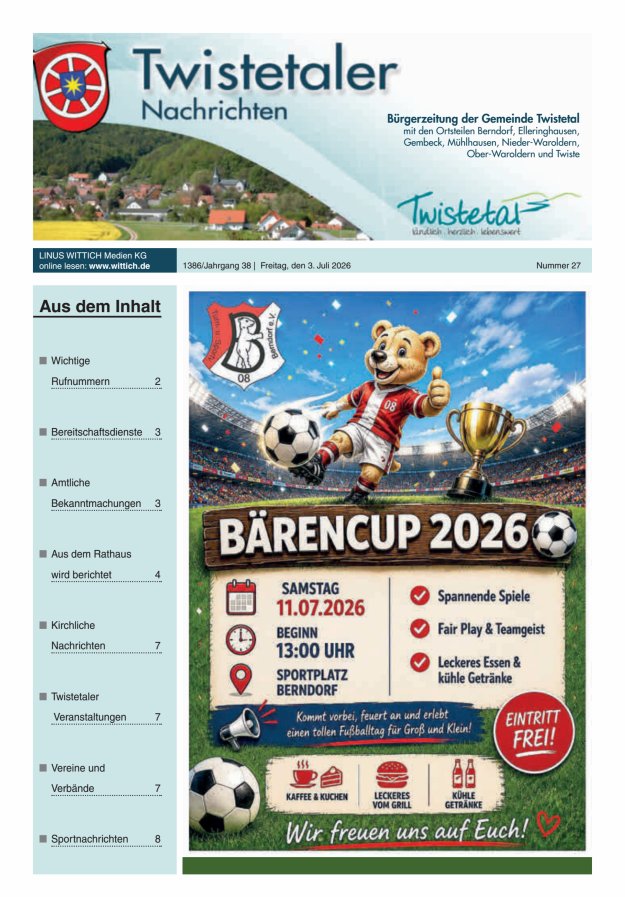 Twistetaler Nachrichten Titelblatt 27/2026