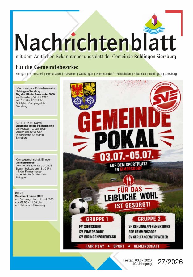 Nachrichtenblatt Rehlingen-Siersburg Titelblatt 27/2026