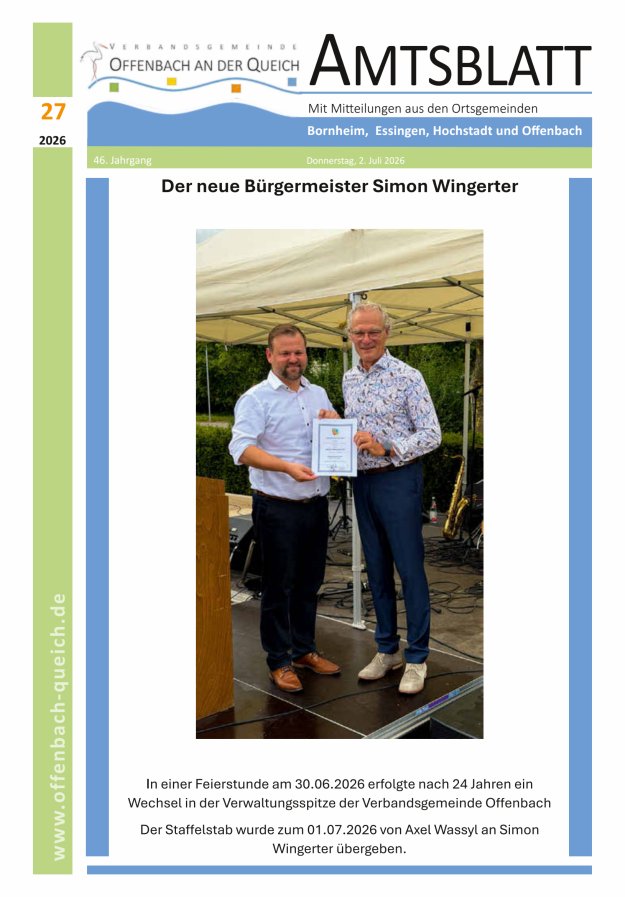 Amtsblatt VG Offenbach an der Queich Titelblatt 27/2026