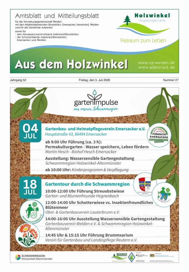 Aus dem Holzwinkel Amtsblatt u Mitteilungsblatt f VG Welden u GemAdelsried Titelblatt 27/2026