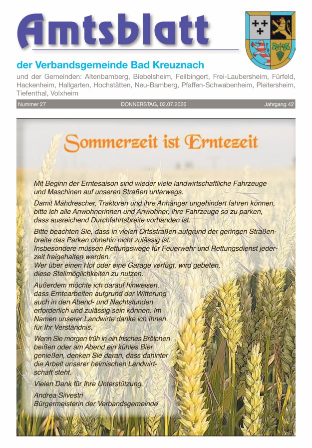 Amtsblatt der Verbandsgemeinde Bad Kreuznach Titelblatt 27/2026