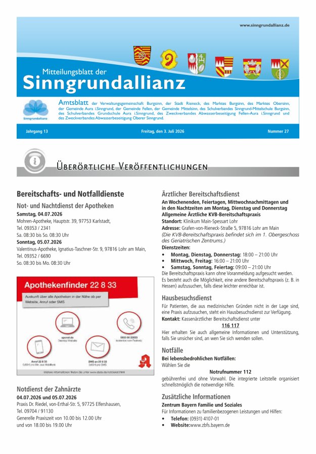 Mitteilungsblatt der Sinngrundallianz Titelblatt 27/2026