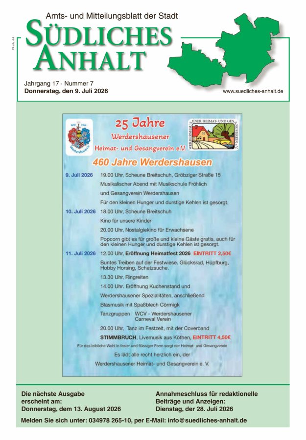Amts- und Mitteilungsblatt der Stadt Südliches Anhalt Titelblatt 07/2026