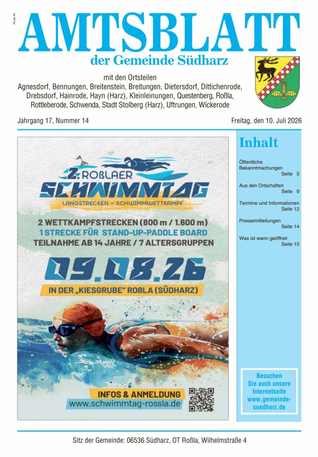 Amtsblatt der Gemeinde Südharz Titelblatt 14/2026