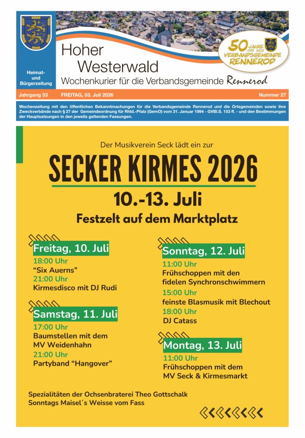Hoher Westerwald - Wochenkurier für die Verbandsgemeinde Rennerod Titelblatt 27/2026