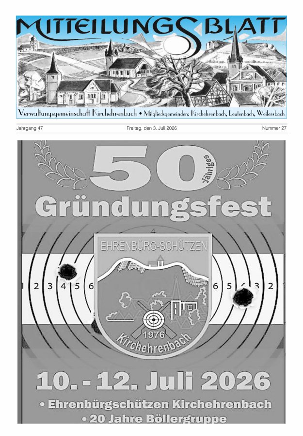 Mitteilungsblatt Verwaltungsgemeinschaft Kirchehrenbach Titelblatt 27/2026