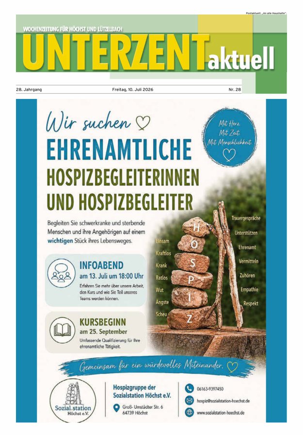 Unterzent aktuell Wochenzeitung für Höchst und Lützelbach Titelblatt 28/2026