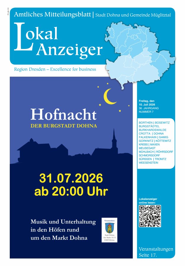Lokal-Anzeiger – Amtliches Mitteilungsblatt Stadt Dohna und Gemeinde Müglitztal Titelblatt 07/2026