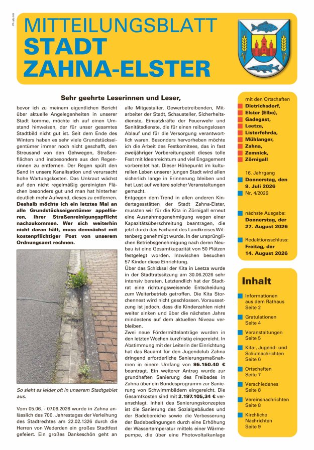 Mitteilungsblatt Stadt Zahna-Elster mit den Ortschaften Titelblatt 04/2026
