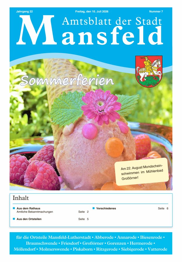 Amtsblatt der Stadt Mansfeld Titelblatt 07/2026