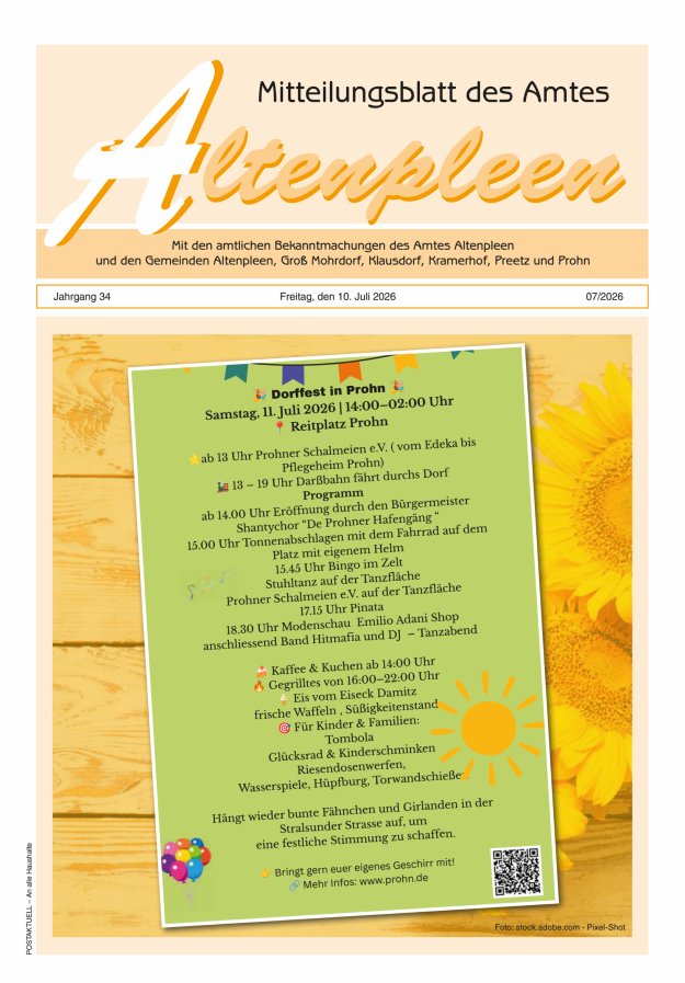 Mitteilungsblatt des Amtes Altenpleen Titelblatt 07/2026