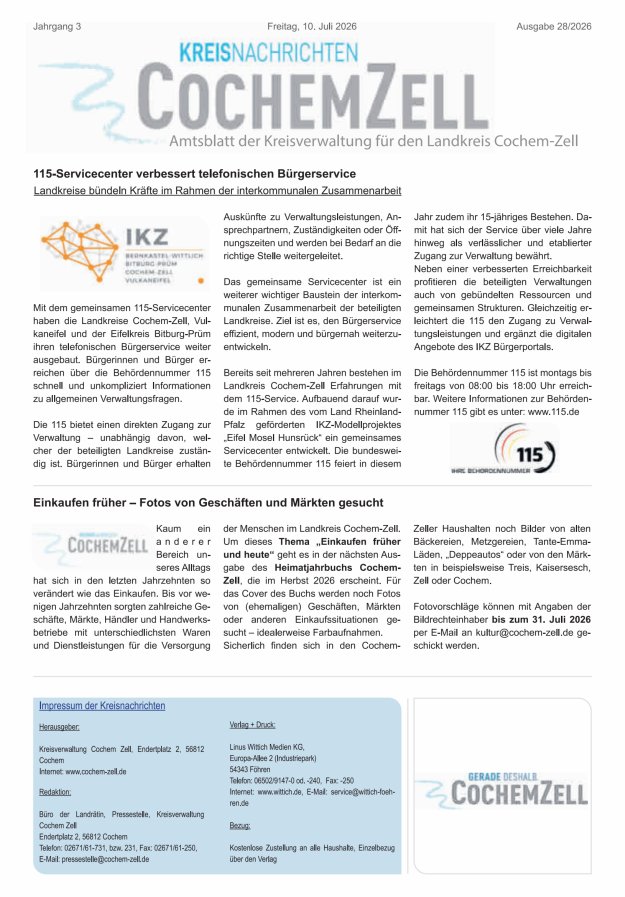 Kreisnachrichten Cochem-Zell Titelblatt 28/2026