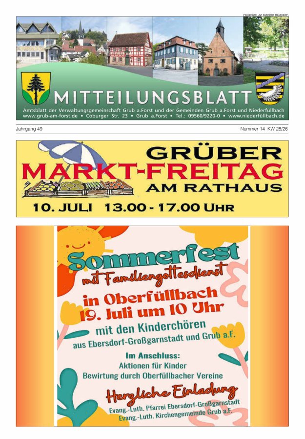 Amts- und Mitteilungsblatt der VGem Grub a.Forst Titelblatt 14/2026