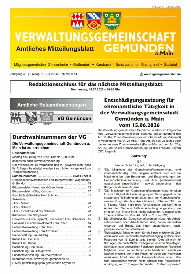 Mitteilungsblatt der VG Gemünden a Main Titelblatt 14/2026