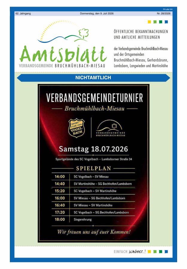 Amtsblatt der VG Bruchmühlbach-Miesau Titelblatt 28/2026