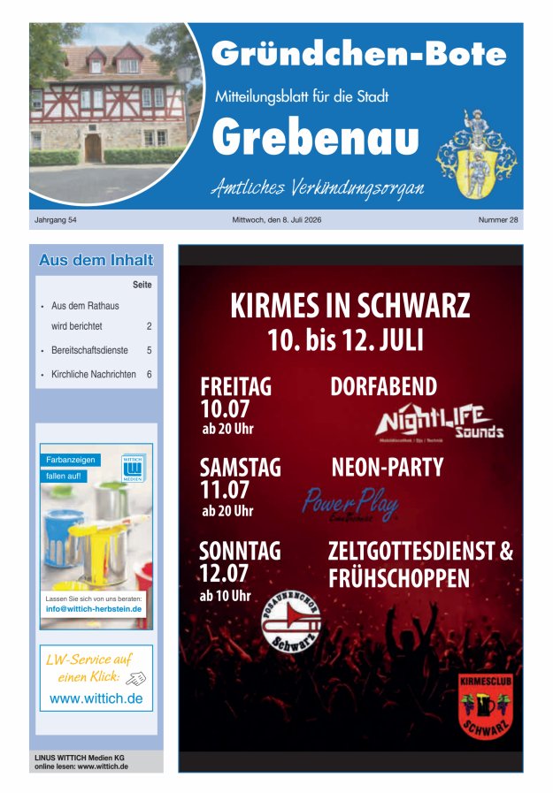 Grebenau - Gründchen Bote - Mitteilungsblatt für die Stadt Grebenau Titelblatt 28/2026