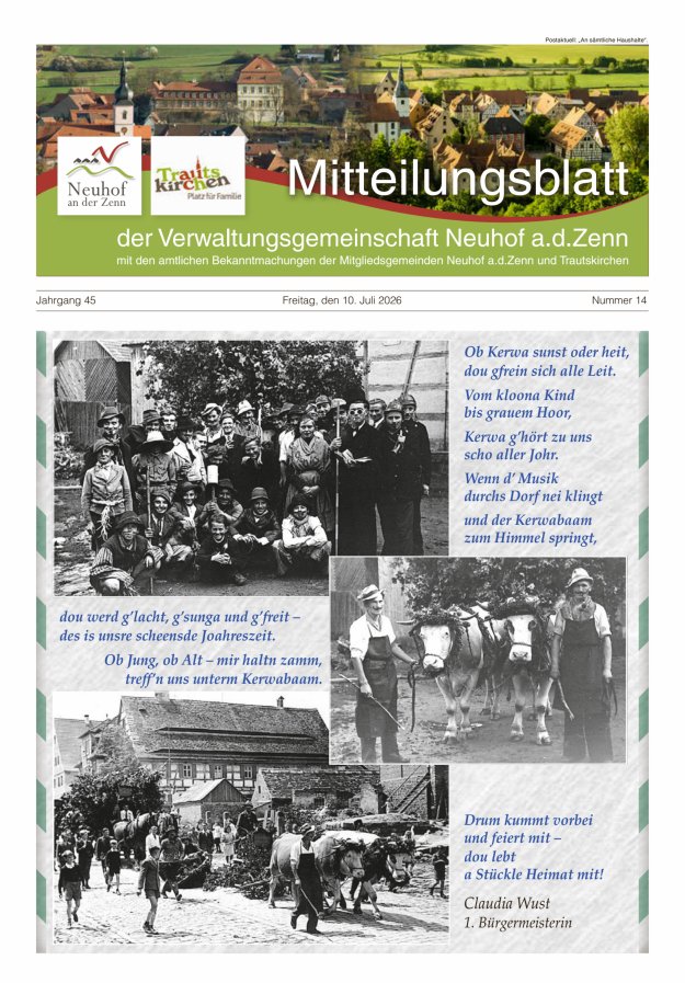 Mitteilungsblatt der Verwaltungsgemeinschaft Neuhof an der Zenn mit den amtlichen Bekanntmachungen der Mitgliedsgemeinden Neuhof an der Zenn und Trautskirchen Titelblatt 14/2026