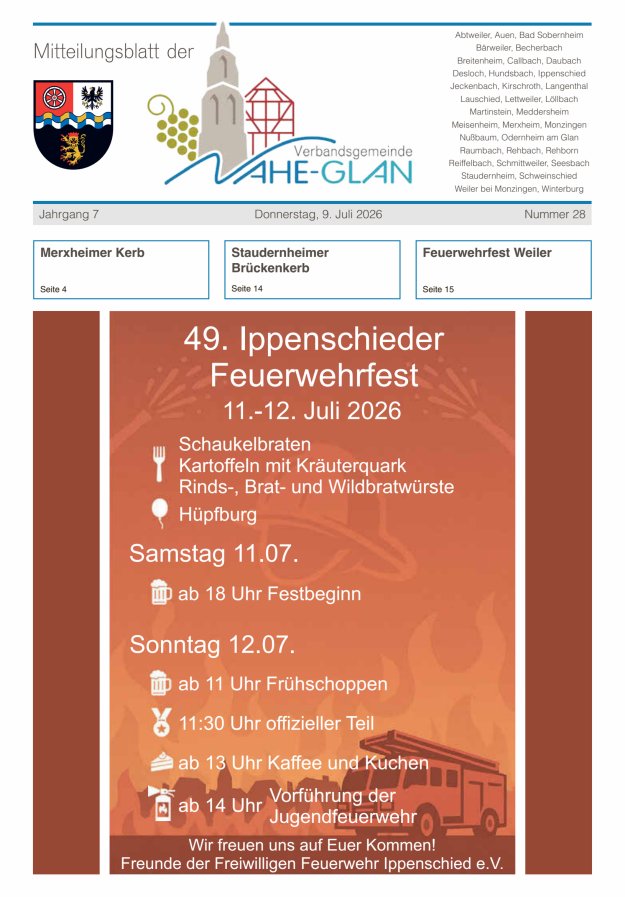 Mitteilungsblatt für die Verbandsgemeinde Nahe-Glan Titelblatt 28/2026