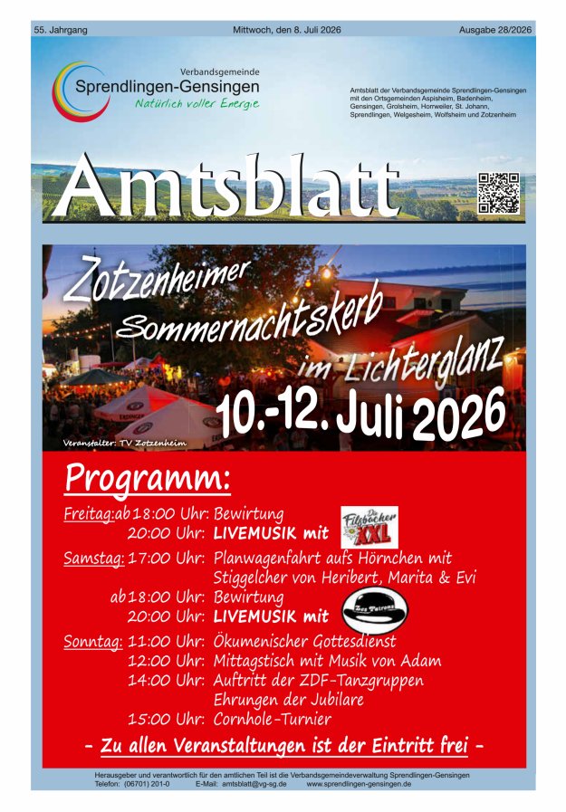 Amtsblatt VG Sprendlingen-Gensingen Titelblatt 28/2026