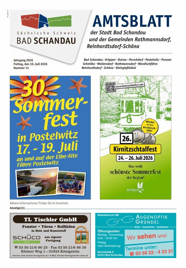 Amtsblatt der Stadt Bad Schandau und der Gemeinden Titelblatt 14/2026