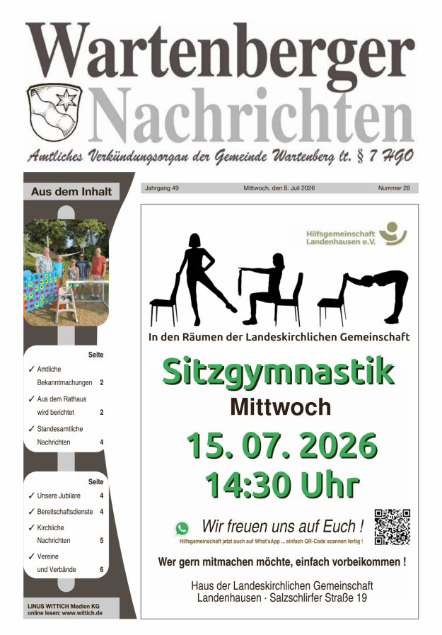 Wartenberger Nachrichten Titelblatt 28/2026