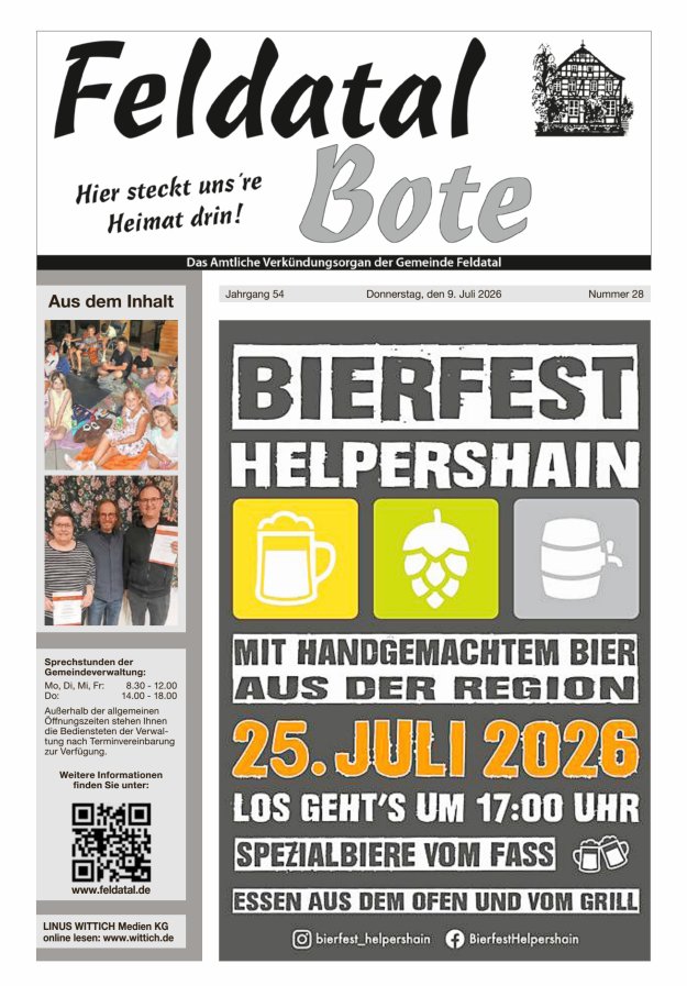 Das Amtliche Verkündungsorgan der Gemeinde Feldatal Titelblatt 28/2026
