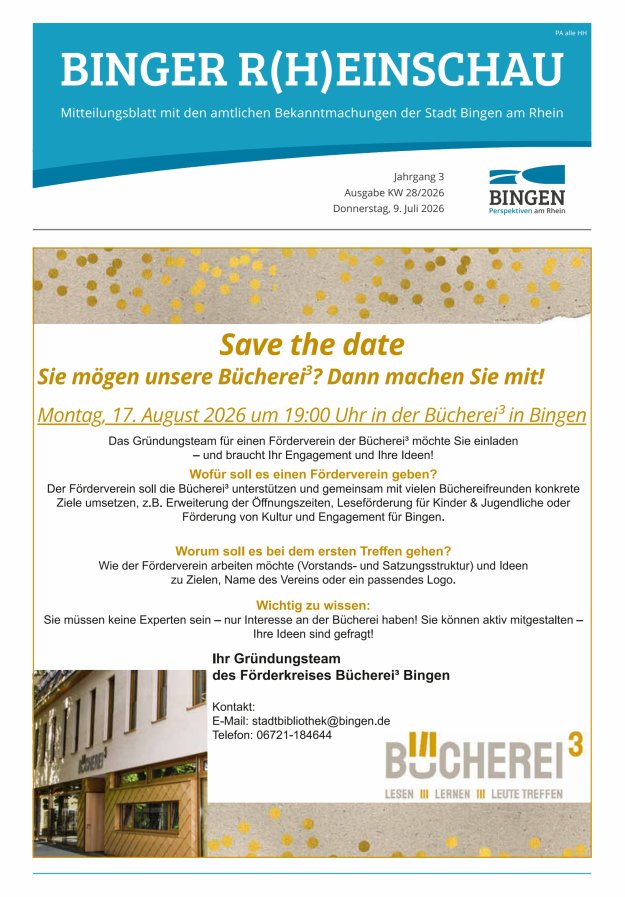 Binger R(h)einschau - Mitteilungsblatt mit den Amtlichen Bekanntmachungen der Stadt Bingen Titelblatt 28/2026