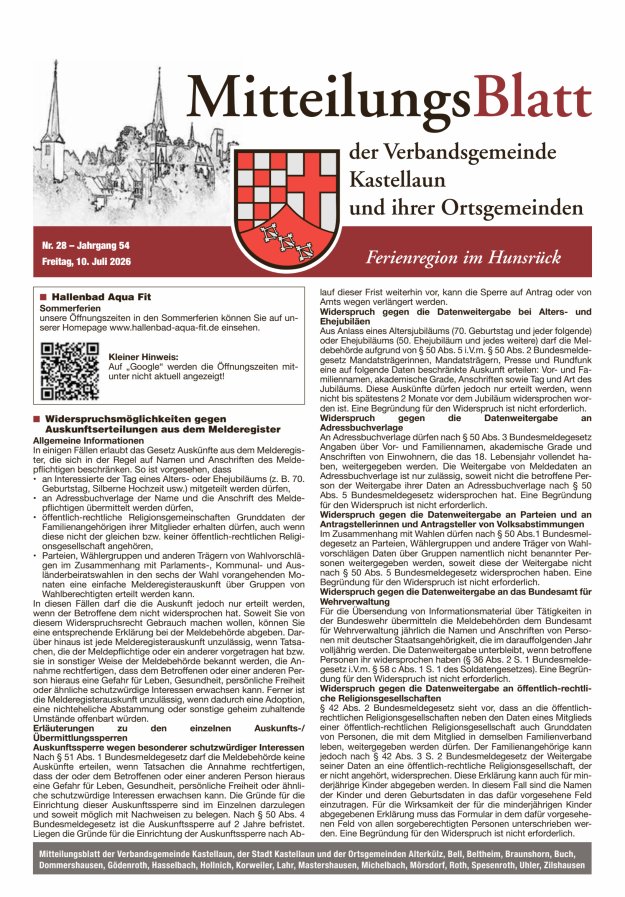 Mitteilungsblatt Kastellaun Titelblatt 28/2026