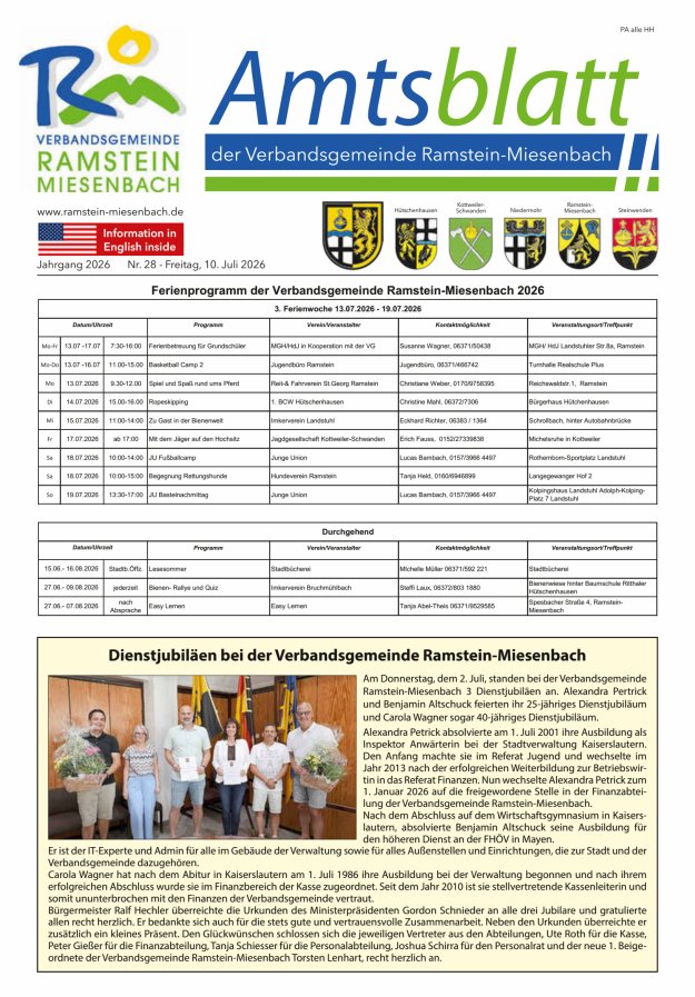 Amtsblatt VG Ramstein-Miesenbach Titelblatt 28/2026