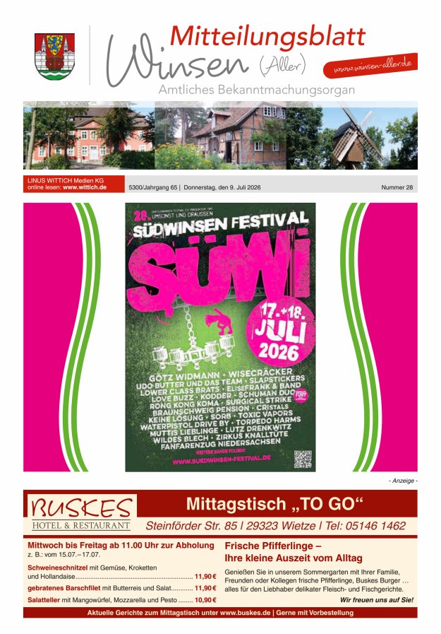 Mitteilungsblatt der Gemeinde Winsen Titelblatt 28/2026